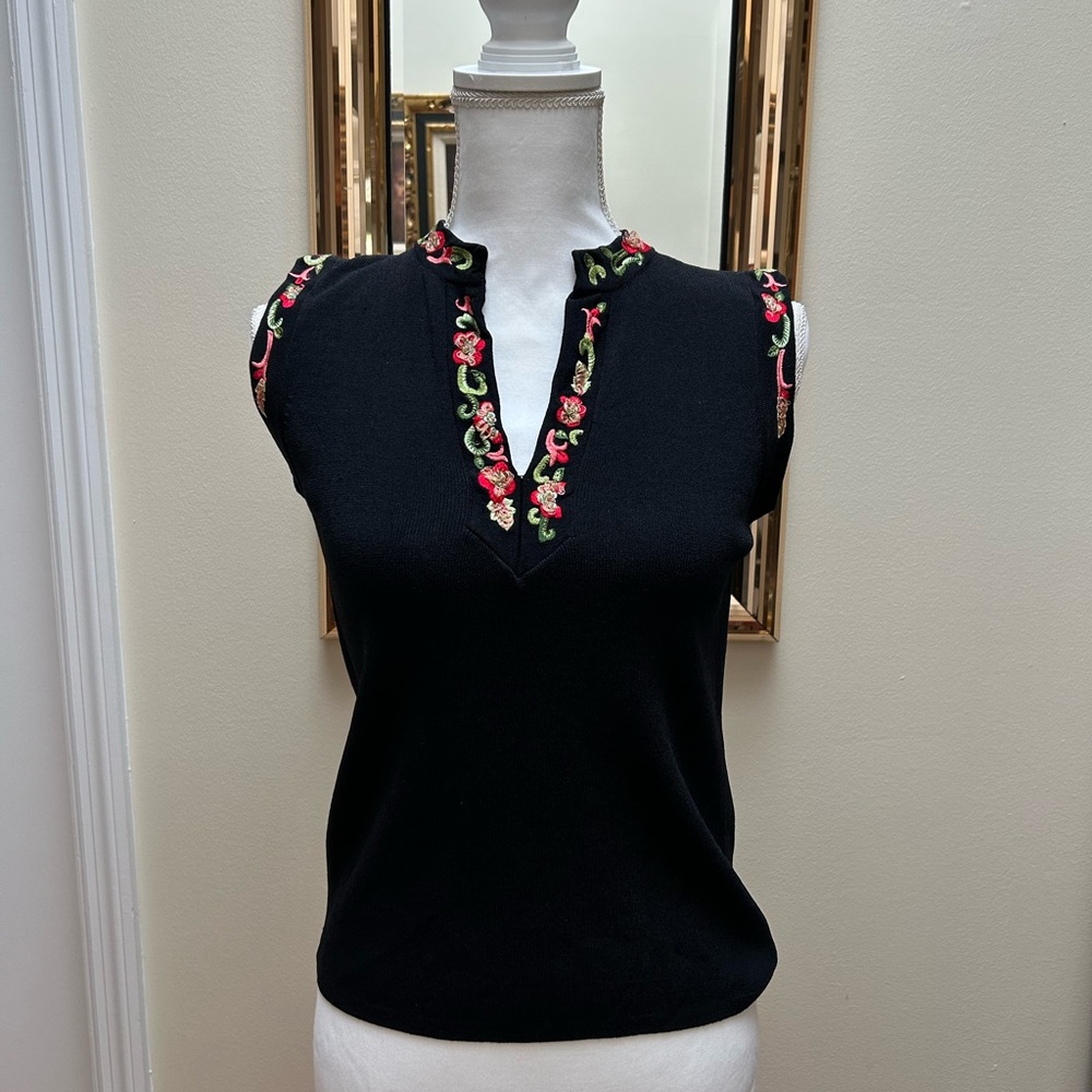 Joseph A Black Top with Floral Embroidery